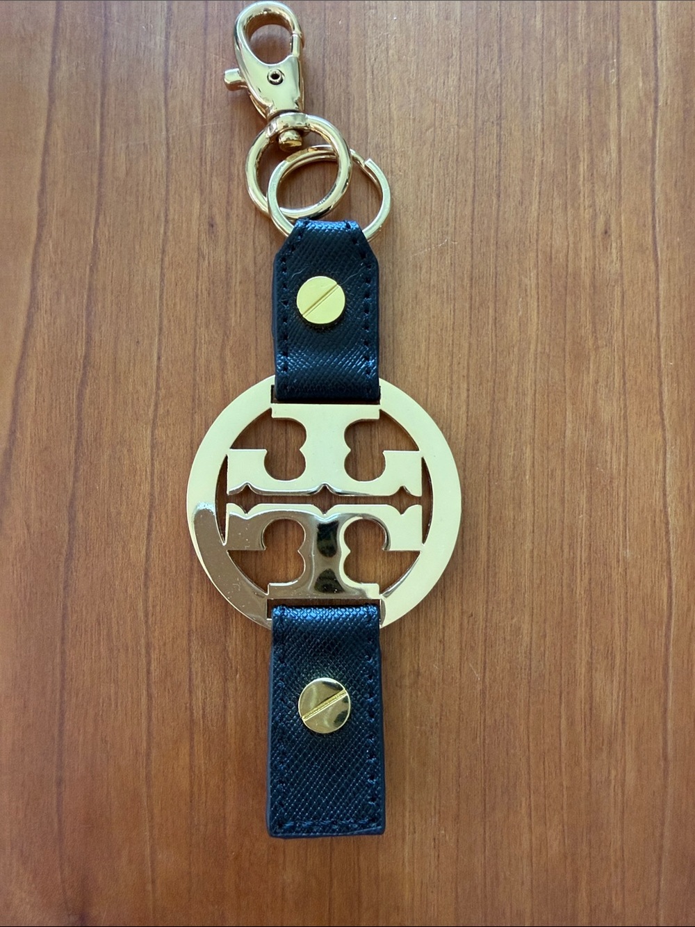 Tory Burch Black Leather & Gold Tone Logo Keychain